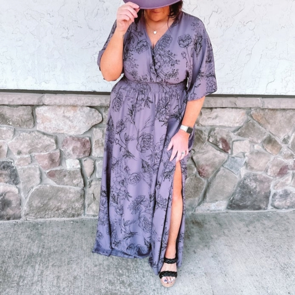 Purple Maxi Dress with Black flowers medium but can fit a large